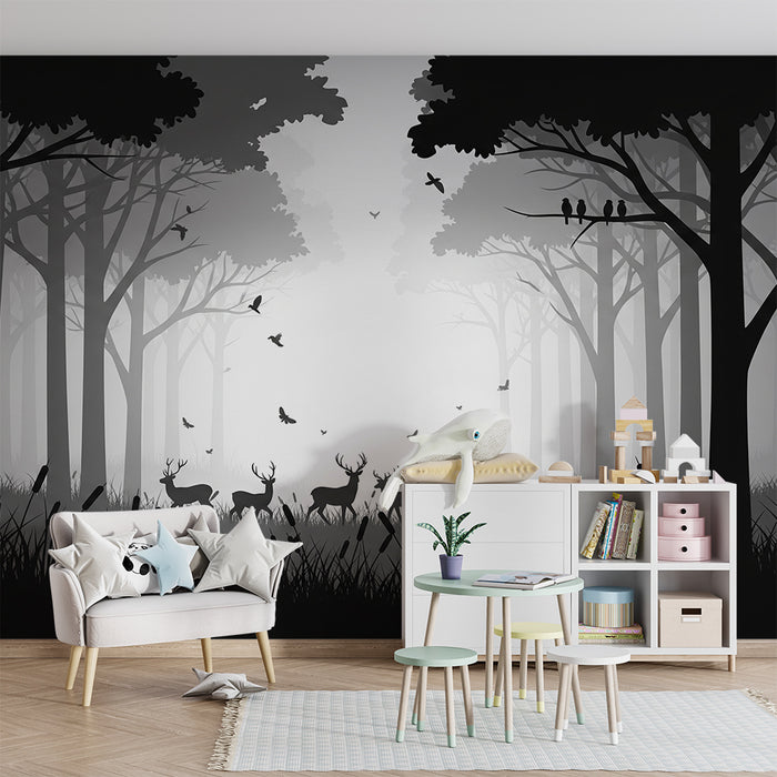 Kids room wallpaper | Mysterious forest with deer and shadow birds