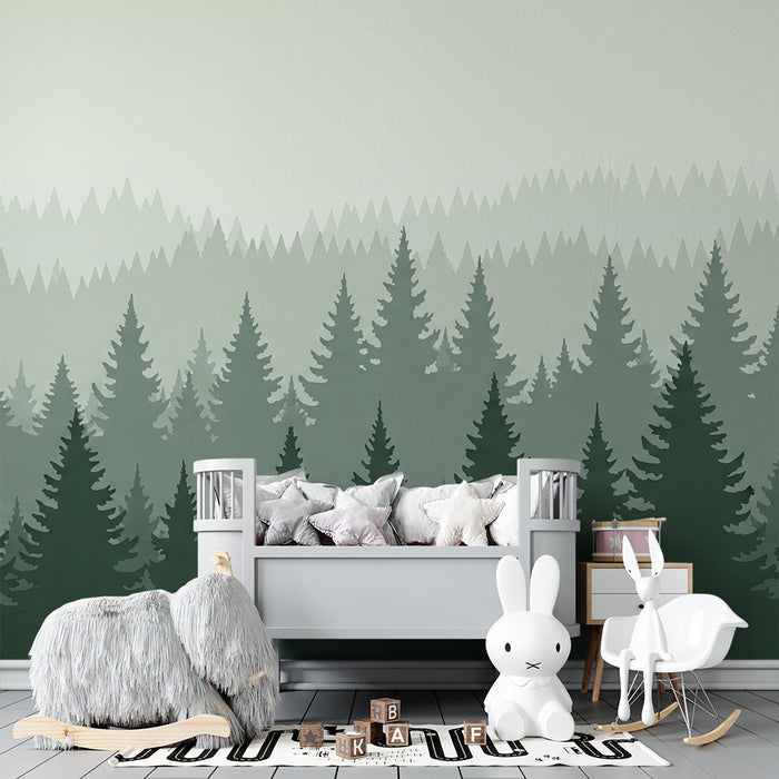 Carta da parati bambini | Foresta misteriosa con abeti in sfumature di verde
