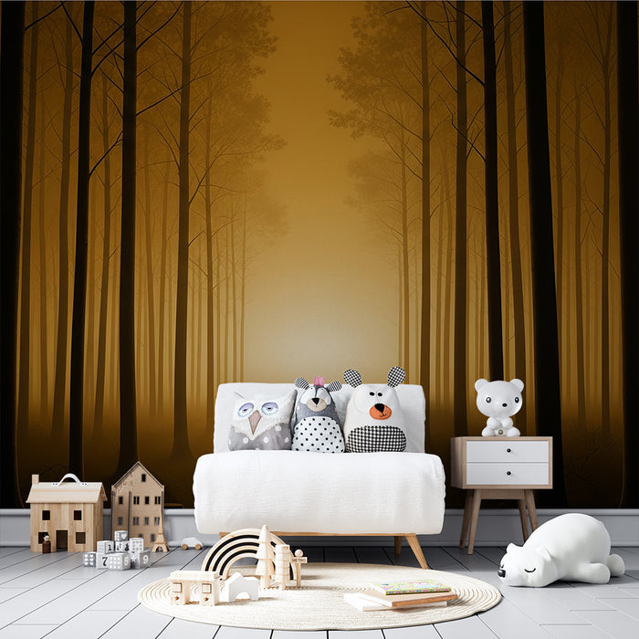 Papier peint chambre enfant | Forêt mystérieuse avec lumière dorée