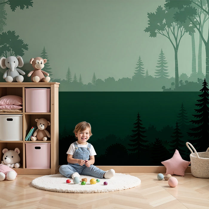 Kids room wallpaper | Salapärane mets koos roheliste puude siluettidega