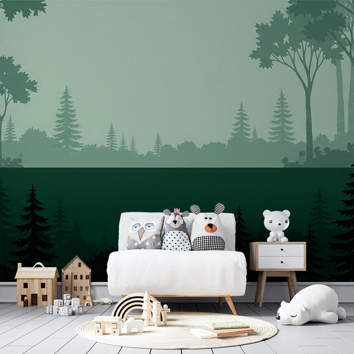 Kids room wallpaper | Salapärane mets koos roheliste puude siluettidega