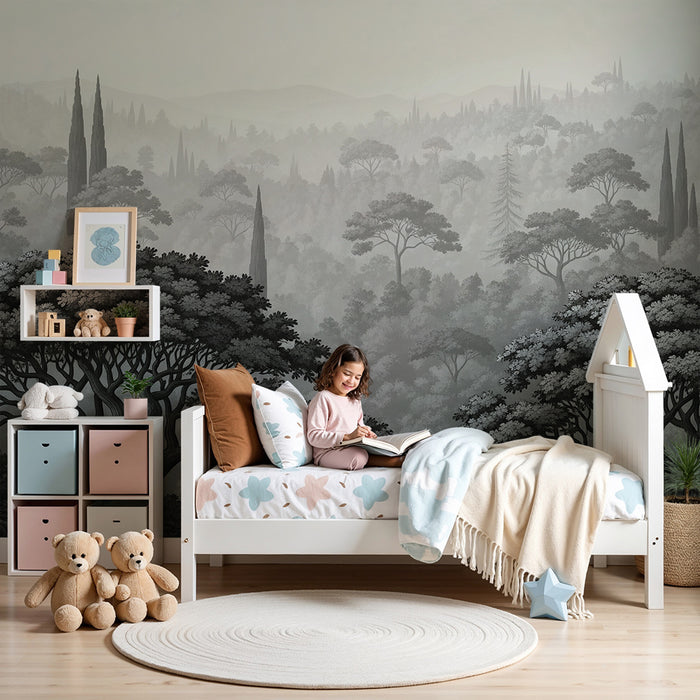 Papier peint chambre enfant | Forêt mystérieuse en nuances de gris