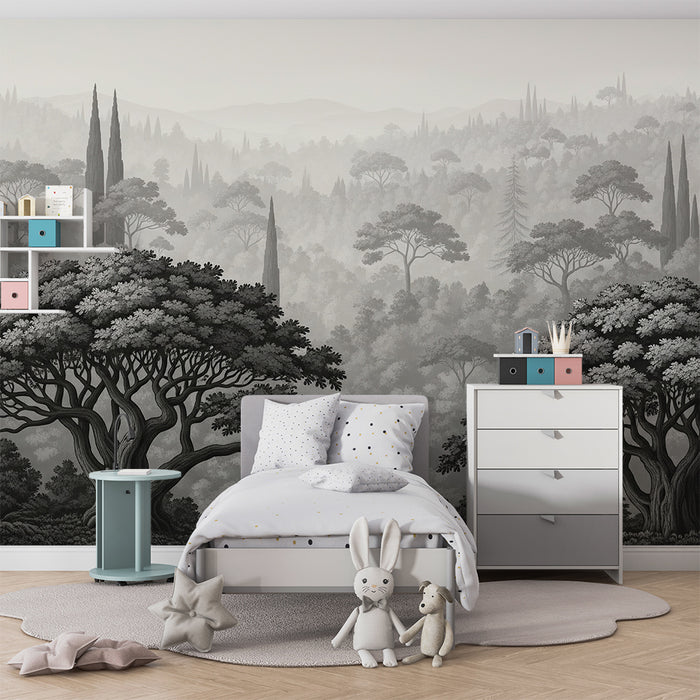 Papier peint chambre enfant | Forêt mystérieuse en nuances de gris