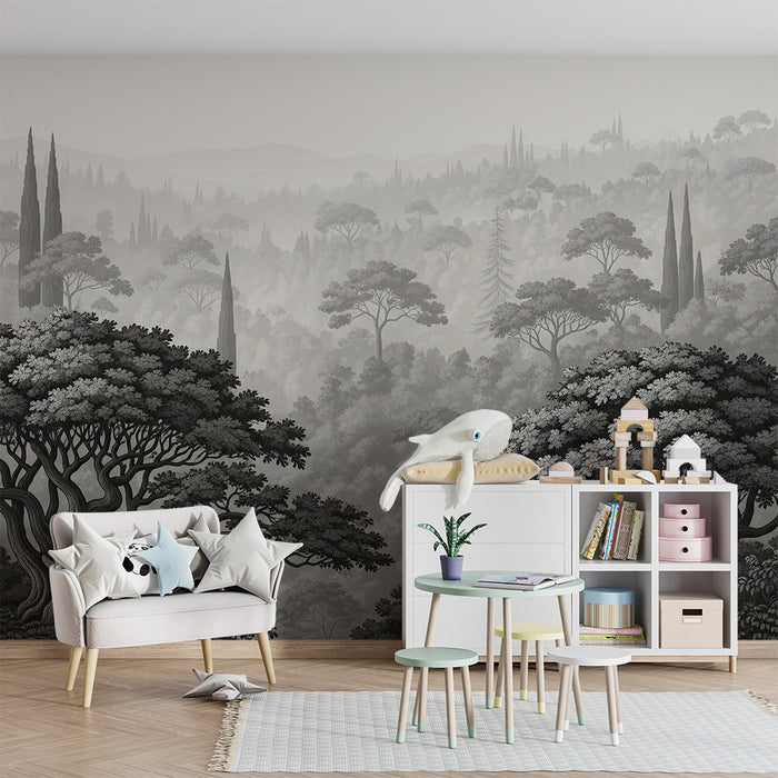 Papier peint chambre enfant | Forêt mystérieuse en nuances de gris