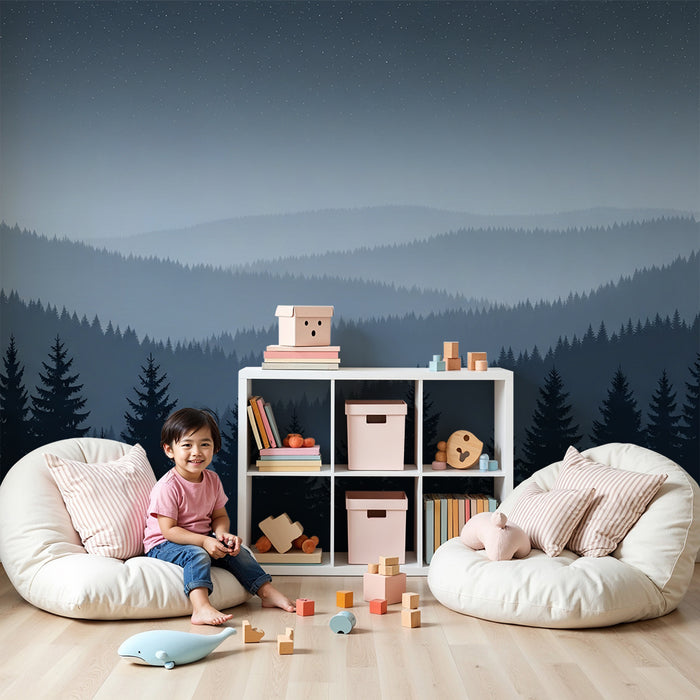 Papel de parede criança | Floresta misteriosa sob as estrelas em monocromático