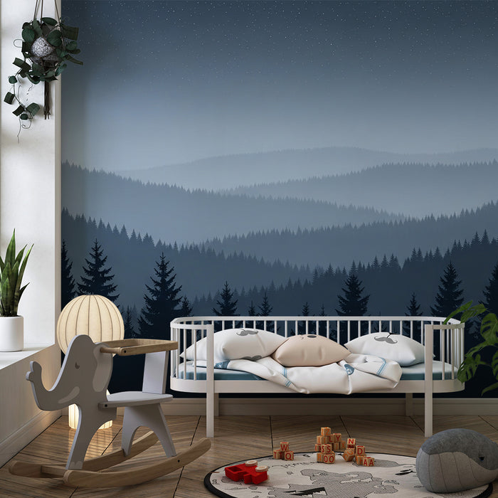 Papel de parede criança | Floresta misteriosa sob as estrelas em monocromático