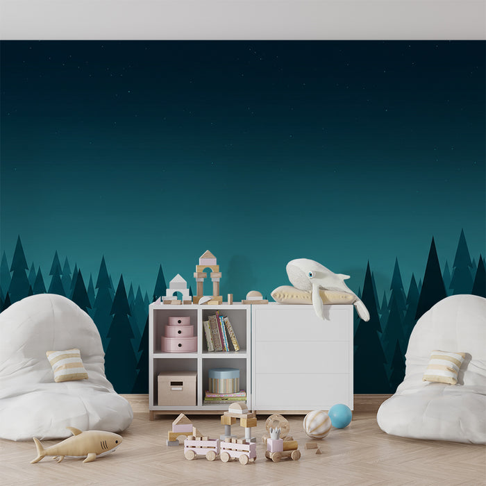 Kids room wallpaper | Mysterious forest under a starry sky