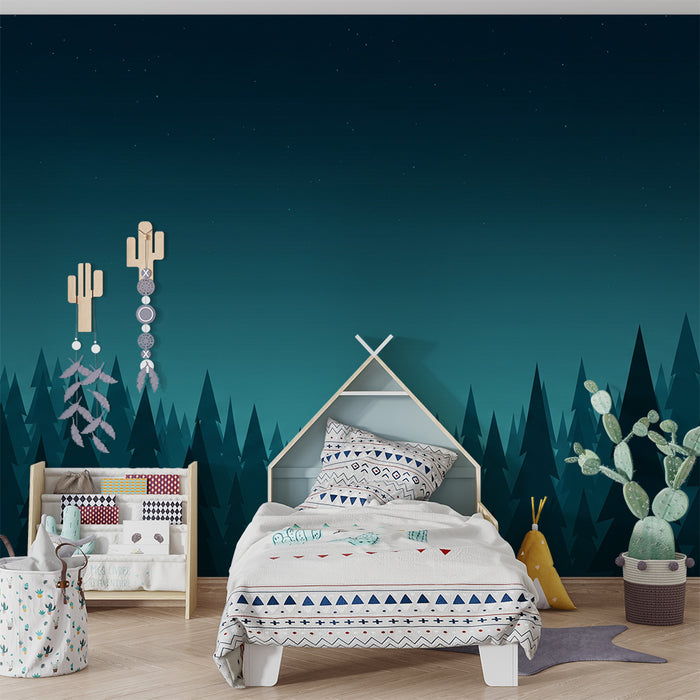 Kids room wallpaper | Mysterious forest under a starry sky