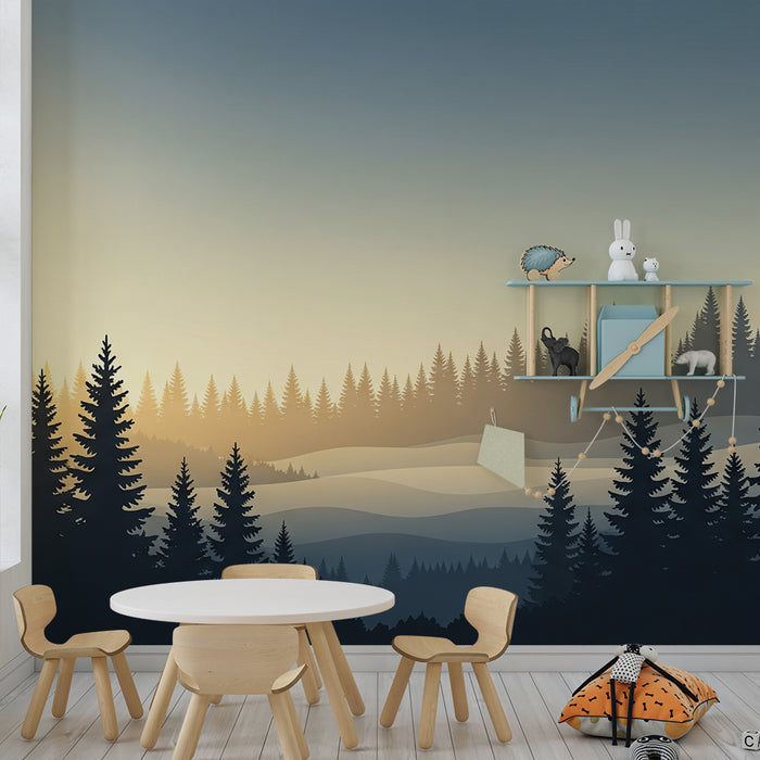 Kids room wallpaper | Mystical forest at sunrise