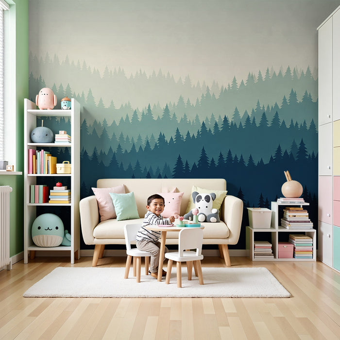 Lastenhuoneen tapetti | Mystinen metsä sinisen ja vihreän sävyillä