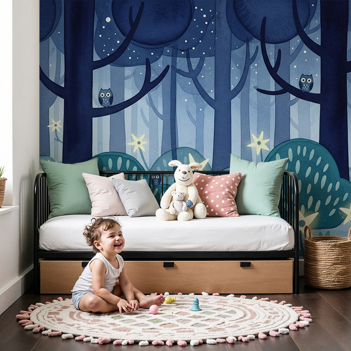 Papel de parede criança | Floresta noturna com corujas e estrelas cintilantes