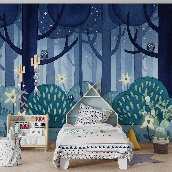 Papel de parede criança | Floresta noturna com corujas e estrelas cintilantes