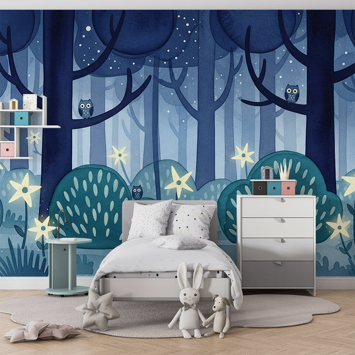 Papel de parede criança | Floresta noturna com corujas e estrelas cintilantes