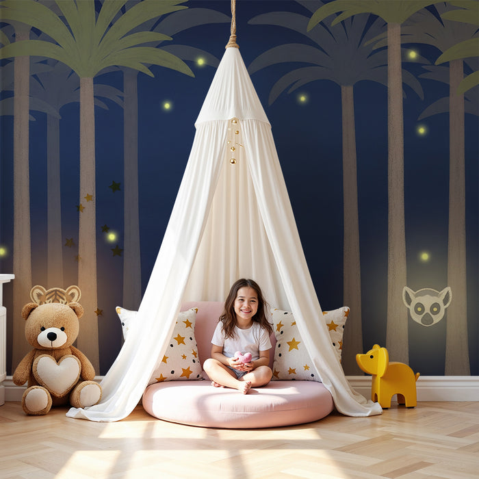 Carta da parati bambini | Foresta notturna con tigre e lémur luminoso