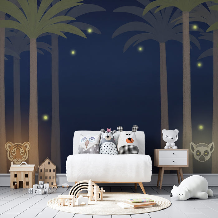 Carta da parati bambini | Foresta notturna con tigre e lémur luminoso