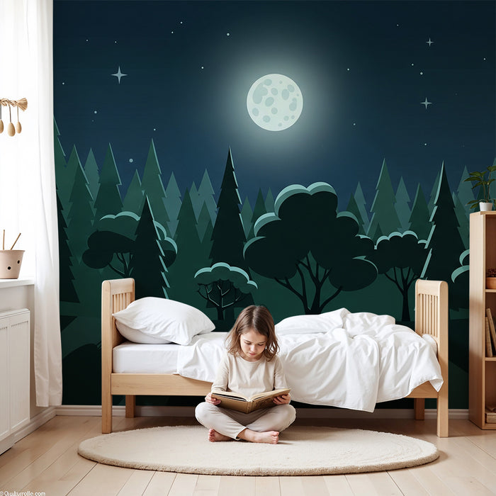 Papel de parede criança | Pădure verde nocturnă sub luna strălucitoare