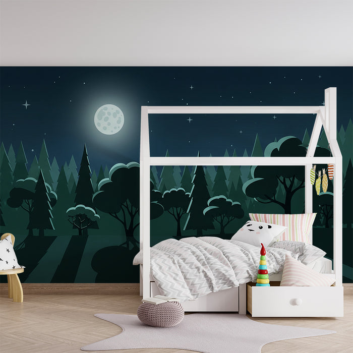 Papel de parede criança | Pădure verde nocturnă sub luna strălucitoare