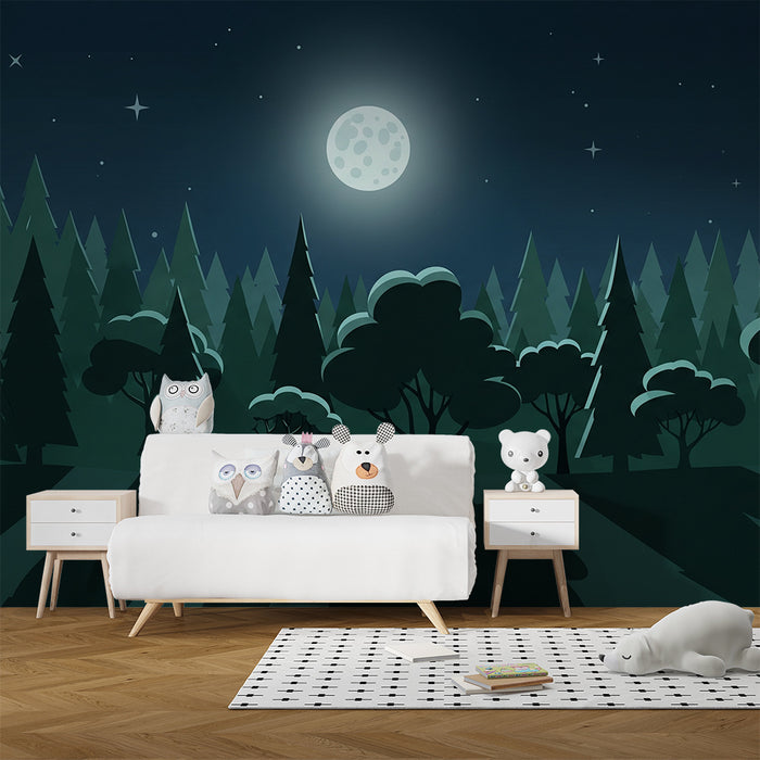 Papel de parede criança | Pădure verde nocturnă sub luna strălucitoare