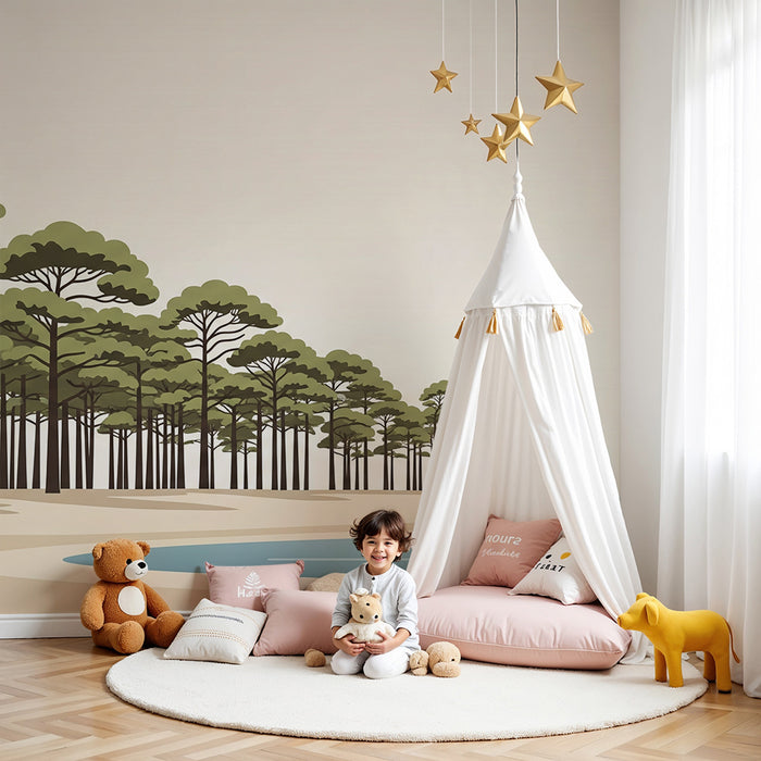 Papier peint chambre enfant | Forêt paisible au bord de l'eau avec des pins majestueux