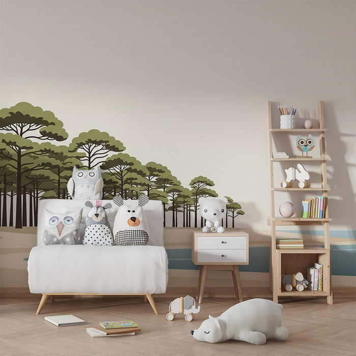 Papier peint chambre enfant | Forêt paisible au bord de l'eau avec des pins majestueux