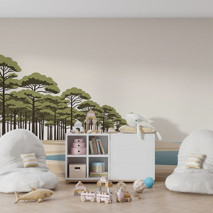 Papier peint chambre enfant | Forêt paisible au bord de l'eau avec des pins majestueux