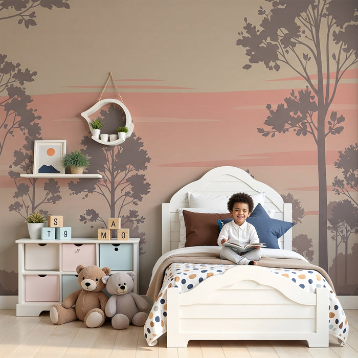 Kinderzimmer Tapete | Friedlicher Wald bei Sonnenuntergang