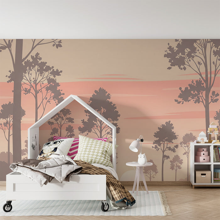Kinderzimmer Tapete | Friedlicher Wald bei Sonnenuntergang