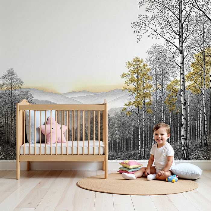 Kinderzimmer Tapete | Friedlicher Wald mit Bäumen mit goldenen Blättern
