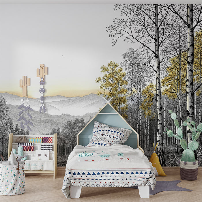 Kinderzimmer Tapete | Friedlicher Wald mit Bäumen mit goldenen Blättern