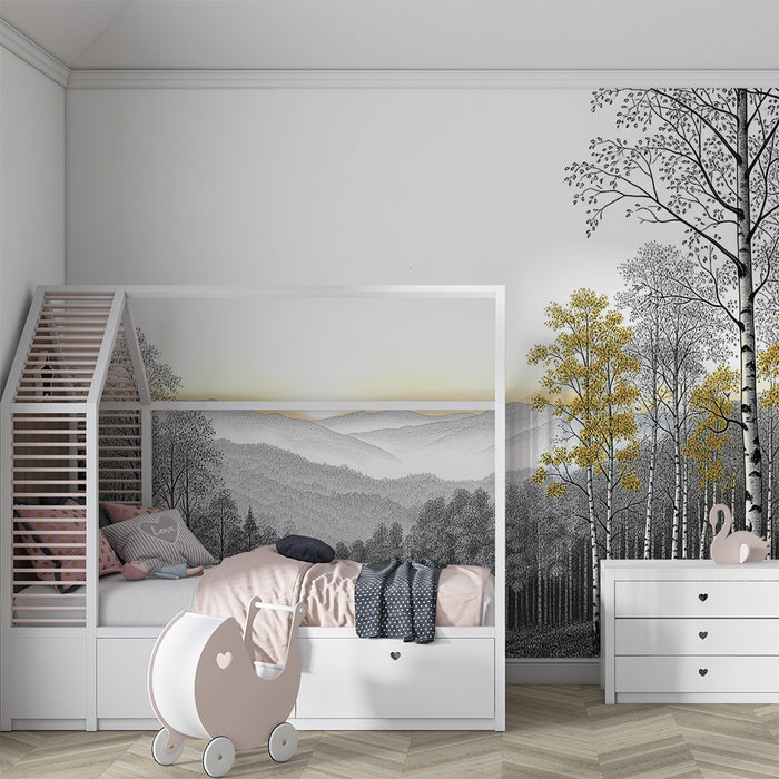 Kinderzimmer Tapete | Friedlicher Wald mit Bäumen mit goldenen Blättern