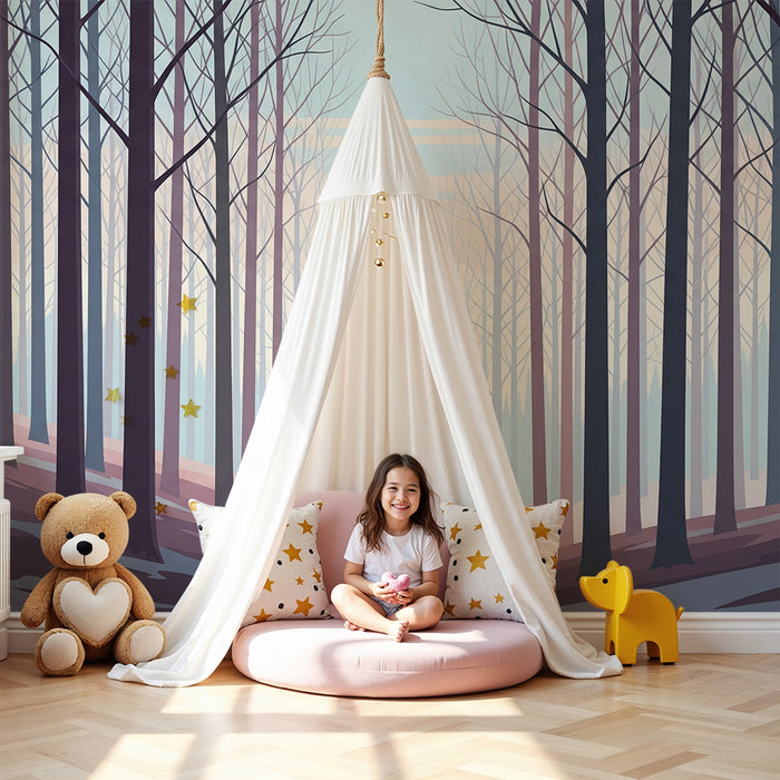 Kinderzimmer Tapete | Friedlicher Wald mit kahlen Bäumen und sanftem Licht