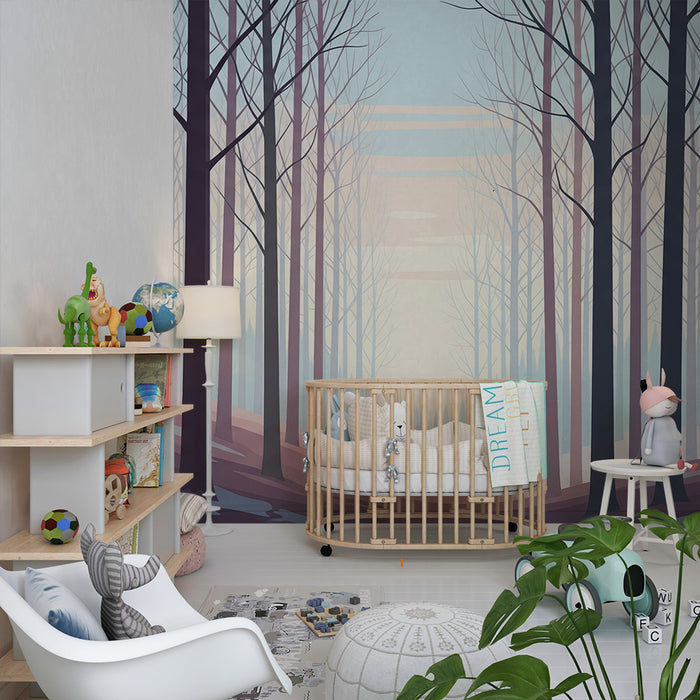 Kinderzimmer Tapete | Friedlicher Wald mit kahlen Bäumen und sanftem Licht