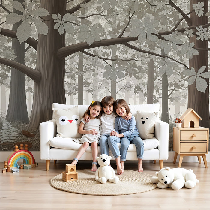 Papel pintado infantil | Bosque tranquilo con árboles y helechos