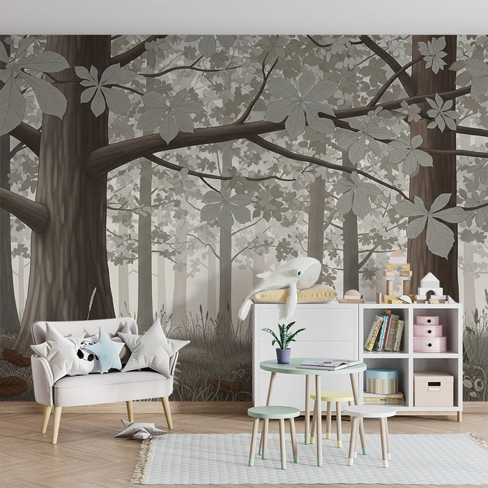 Papel pintado infantil | Bosque tranquilo con árboles y helechos