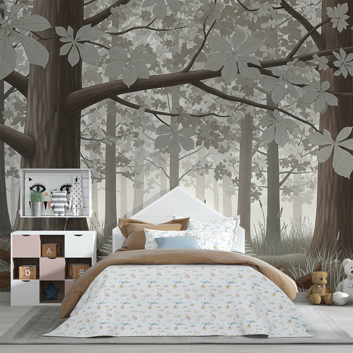Papel pintado infantil | Bosque tranquilo con árboles y helechos