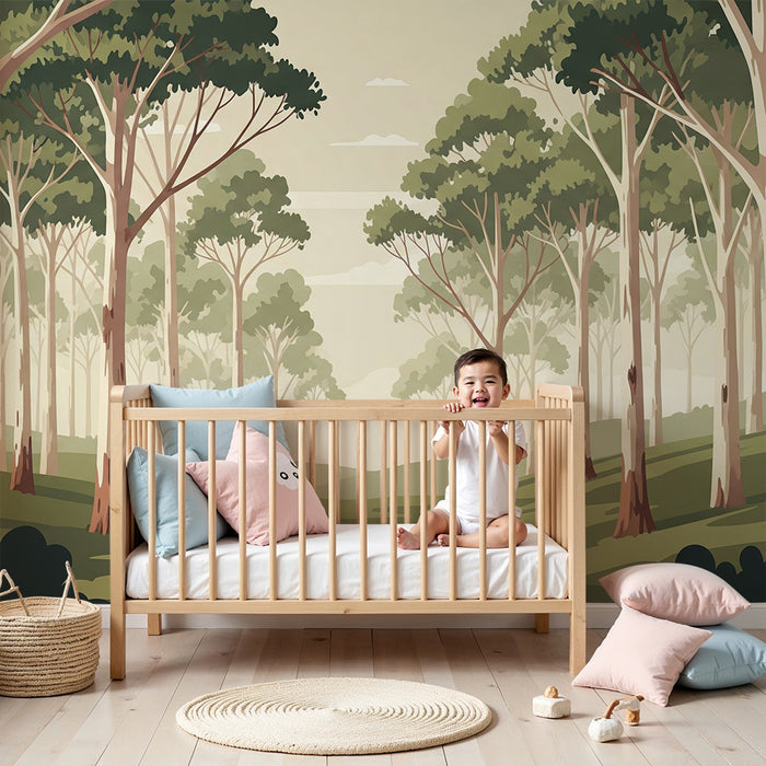 Papier peint chambre enfant | Forêt paisible avec arbres majestueux