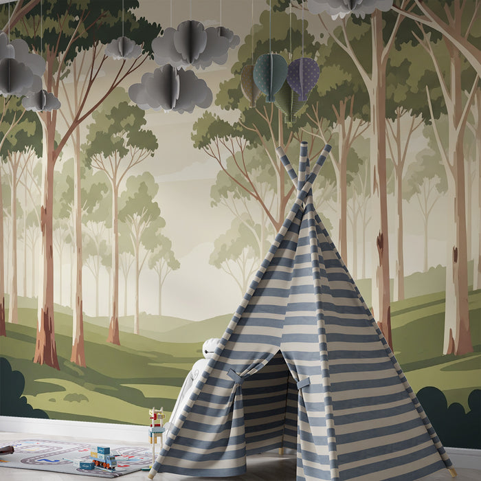 Papier peint chambre enfant | Forêt paisible avec arbres majestueux