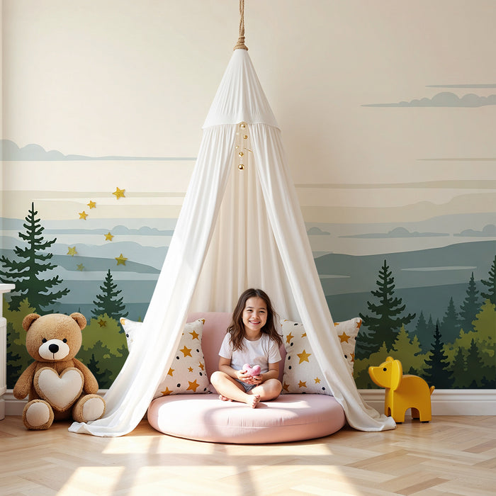 Papel pintado infantil | Bosque tranquilo con búhos en los árboles