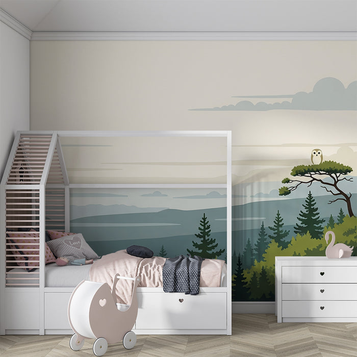 Papel pintado infantil | Bosque tranquilo con búhos en los árboles