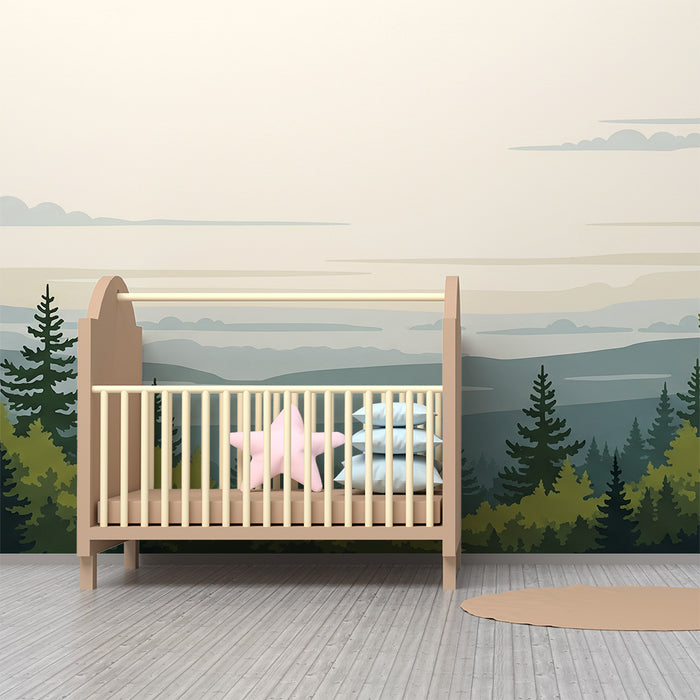 Papel pintado infantil | Bosque tranquilo con búhos en los árboles