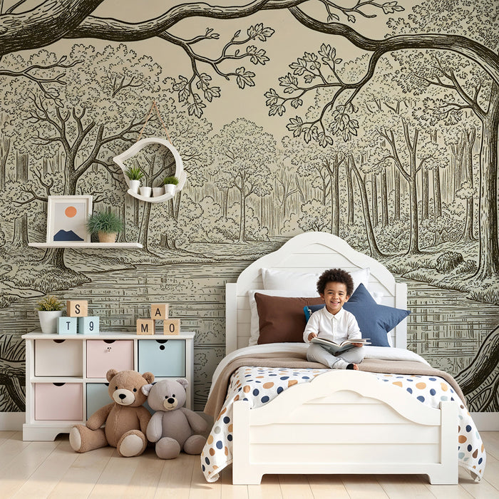 Carta da parati bambini | Foresta tranquilla con lago e alberi maestosi