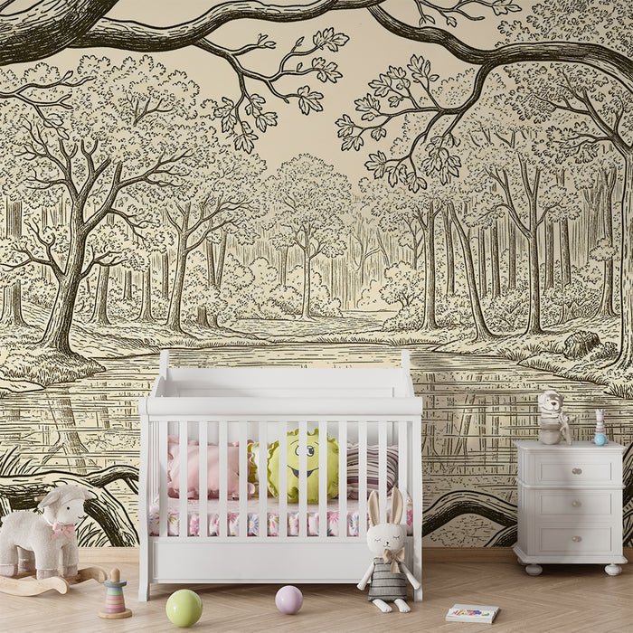 Carta da parati bambini | Foresta tranquilla con lago e alberi maestosi