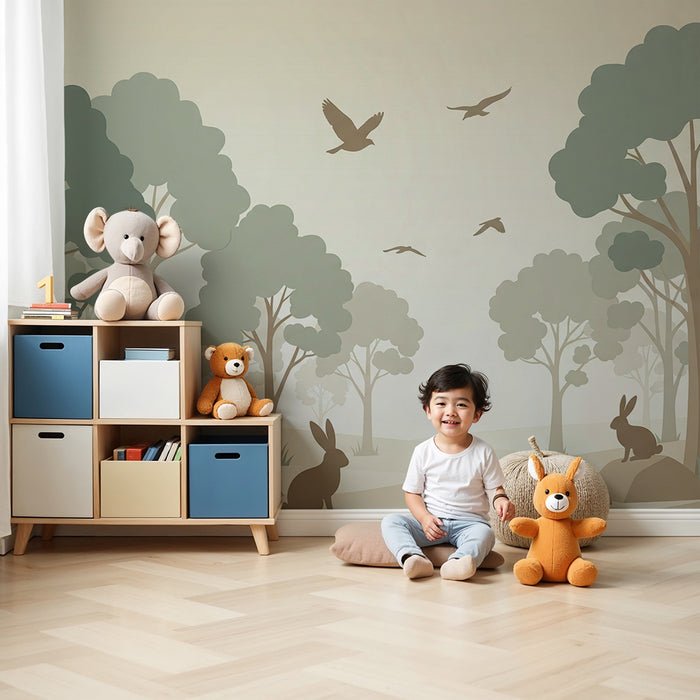 Papier peint chambre enfant | Forêt paisible avec lapins et oiseaux en vol