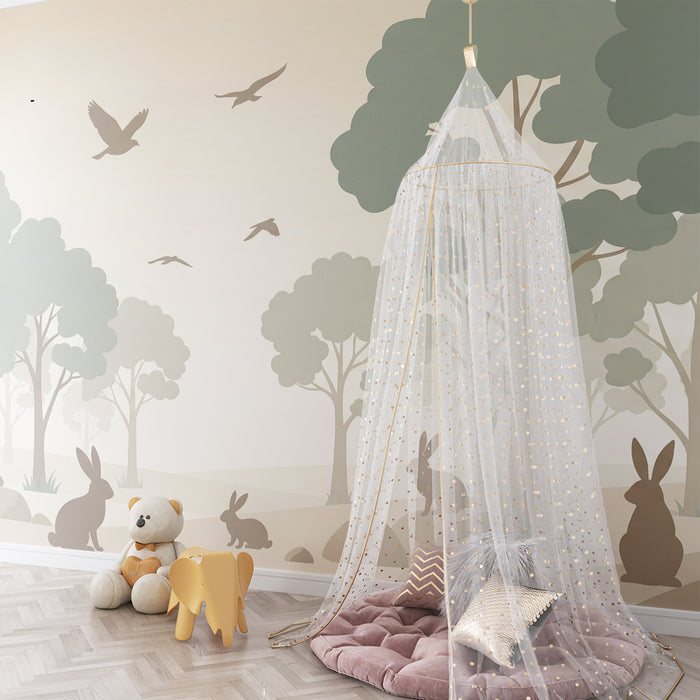 Papier peint chambre enfant | Forêt paisible avec lapins et oiseaux en vol