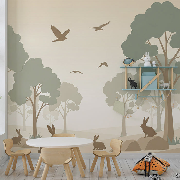 Papier peint chambre enfant | Forêt paisible avec lapins et oiseaux en vol