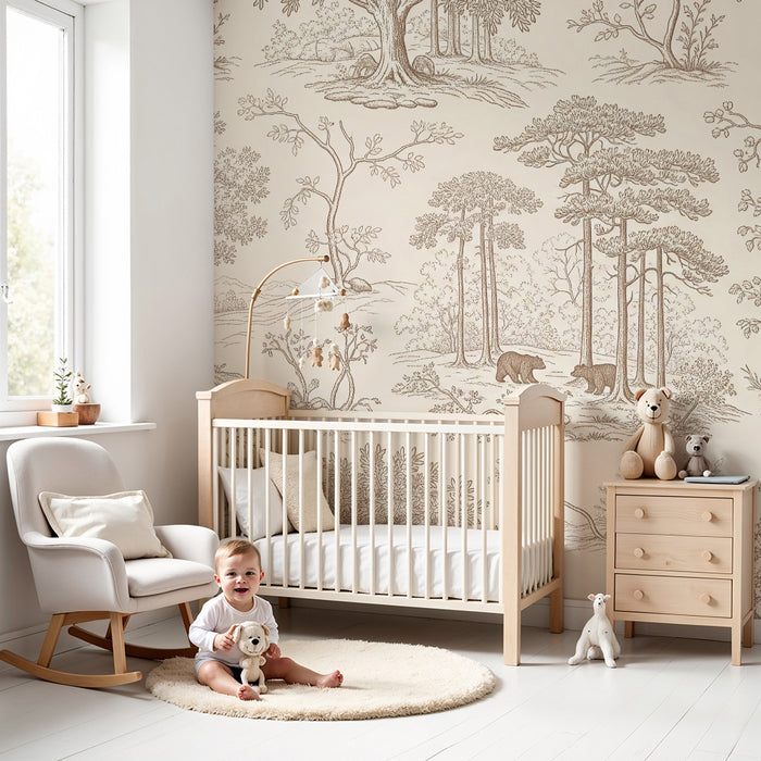 Children's bedroom wallpaper | Peaceful forest with bears and majestic trees