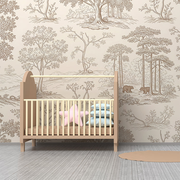 Children's bedroom wallpaper | Peaceful forest with bears and majestic trees