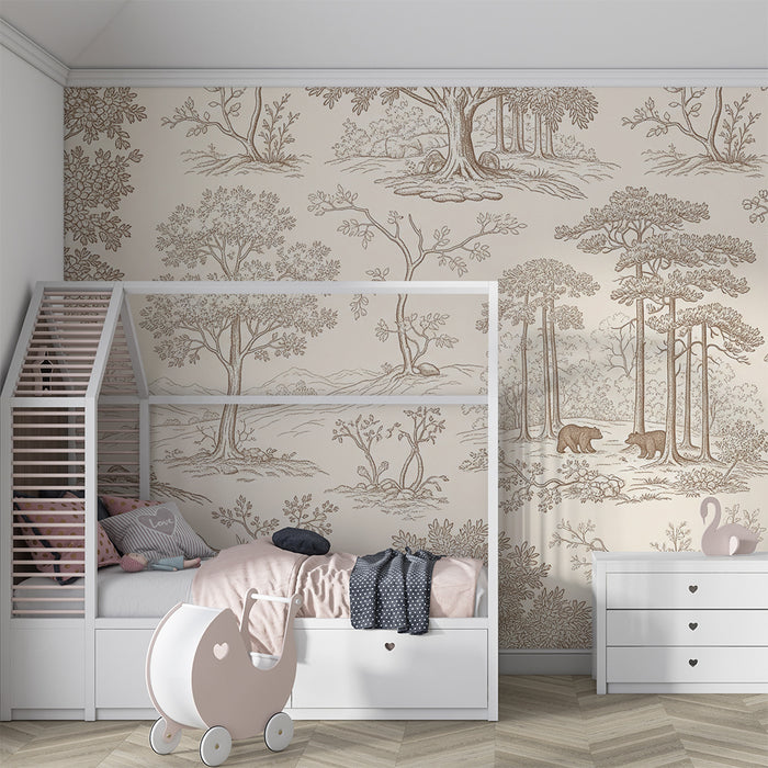 Children's bedroom wallpaper | Peaceful forest with bears and majestic trees