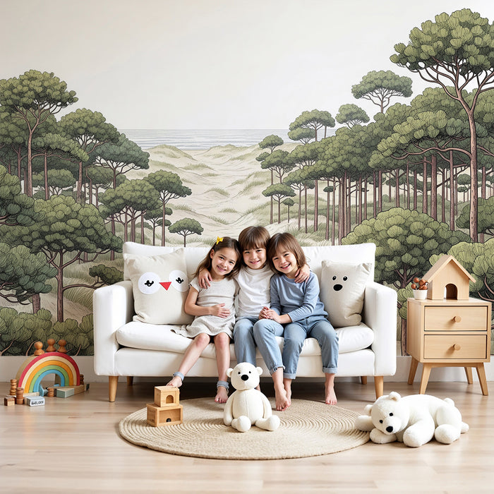 Carta da parati bambini | Foresta tranquilla con pini e dune di sabbia