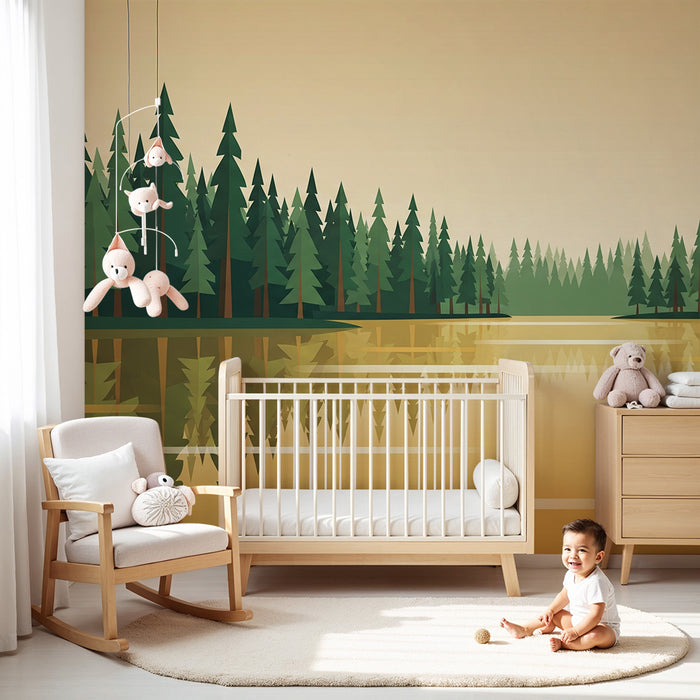 Carta da parati bambini | Foresta tranquilla con riflessi sull'acqua dorata